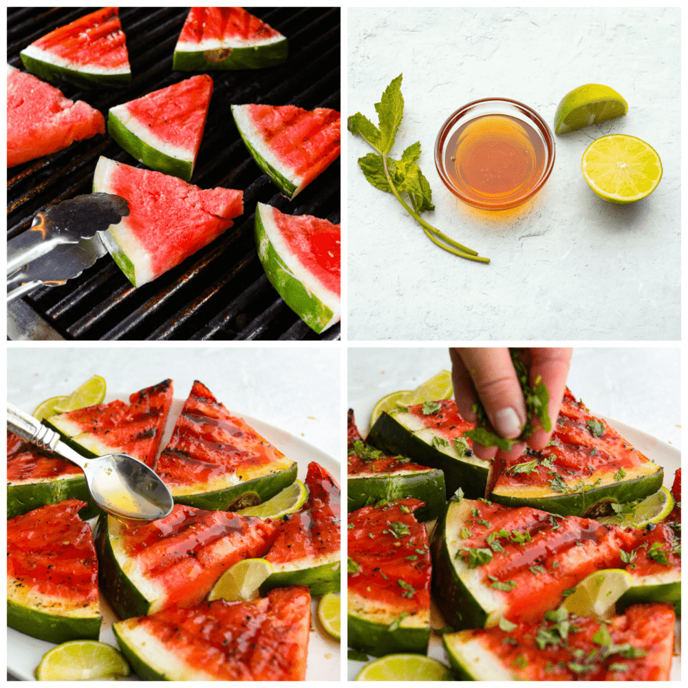 Grilling watermelon helps the sugars to caramelize and gives it a delicious hint of smoky flavor! Add a drizzle of honey lime sauce and fresh chopped mint on top for the ultimate refreshing side dish. 4-photo collage of watermelon being grilled and topped with a honey lime glaze.