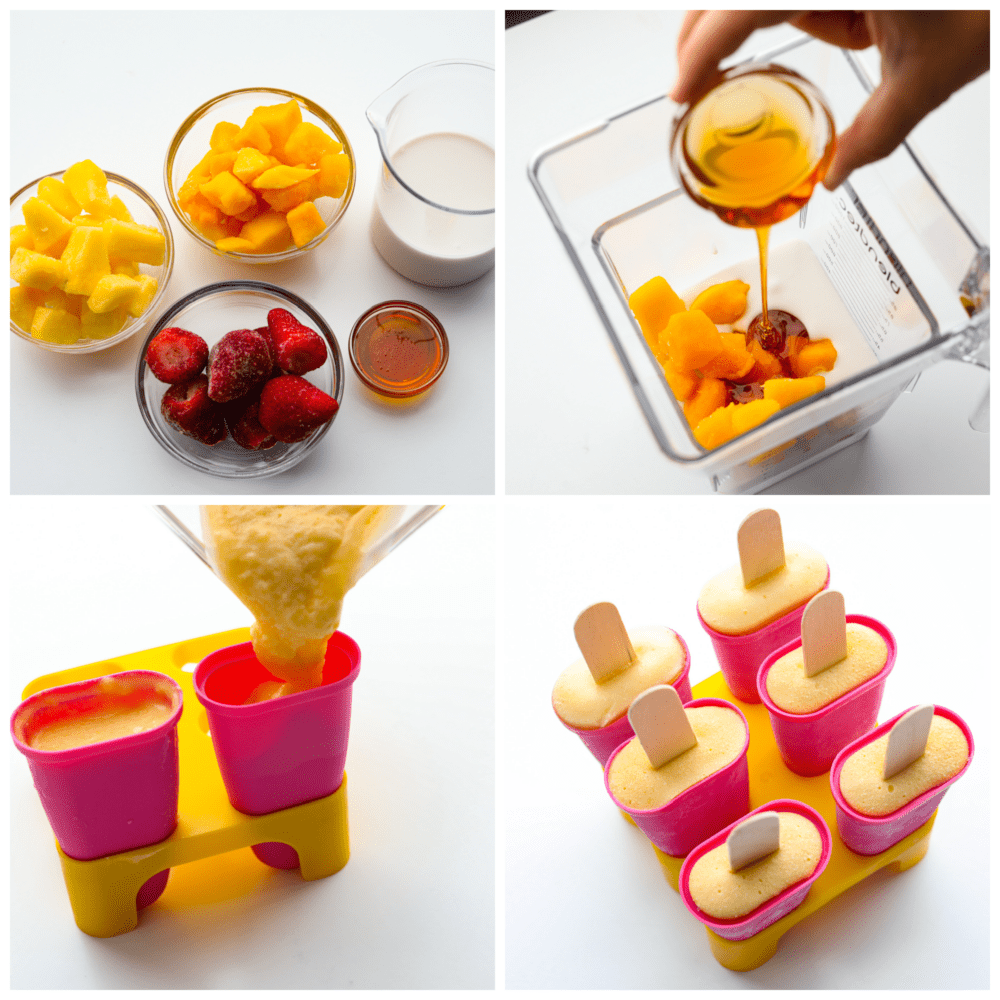 These fresh and fruity homemade popsicles will keep you cool all summer! They're naturally sweetened with honey and coconut milk for a refreshing, tasty treat. 4-photo collage of fruit being blended and added to popsicle molds.