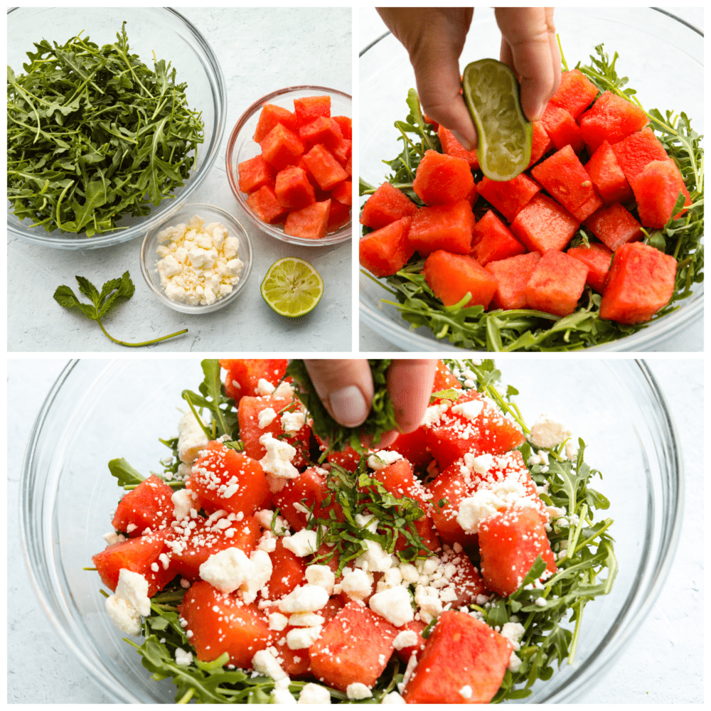 Nothing beats a fresh and healthy watermelon arugula salad in the summertime! The sweet watermelon is a surprising complement to the peppery arugula, creamy feta cheese, and balsamic glaze. Don't knock it until you try it! Three process shots of assembling the salad. First photo is of arugula, watermelon, and feta in separate bowl with mint and lime laying next to the bowls. Second photo is the arugula and watermelon in a clear bowl with a hand squeezing on lime. Third photo is the salad with sprinkled feta cheese and a hand adding fresh mint.