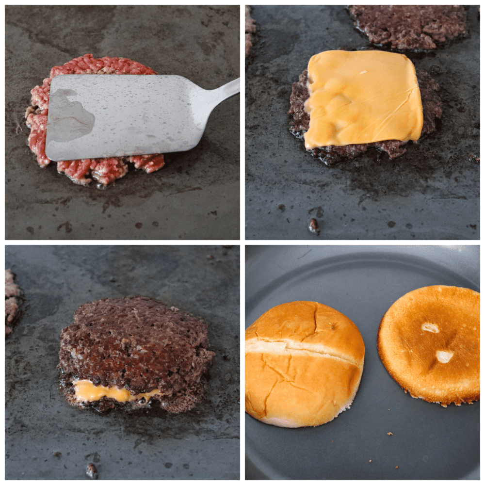 I love a good burger! Smash burgers are easy to prepare and come together so fast. If ever I'm craving a good old-fashioned burger, these smash burgers are my go-to recipe! 4 process photos of cooking the burgers. First photo is the spatula smashing the meat to be flat. Second photo is a cooked burger with cheese melting on top. Third photo is two patties layered on top of each other with cheese in middle. Fourth photo is the buns toasting in a skillet.