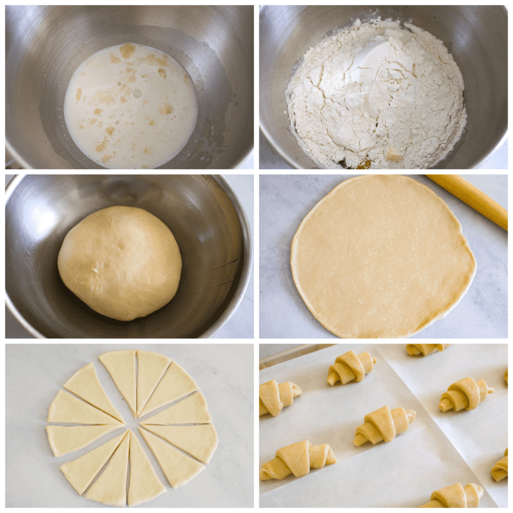 If you are looking for the perfect roll that goes with every single meal, then you've found it! These homemade crescent rolls are soft, golden brown, and have a delicious and buttery taste. 6 pictures showing how to make the roll dough, roll it out and form the dough.