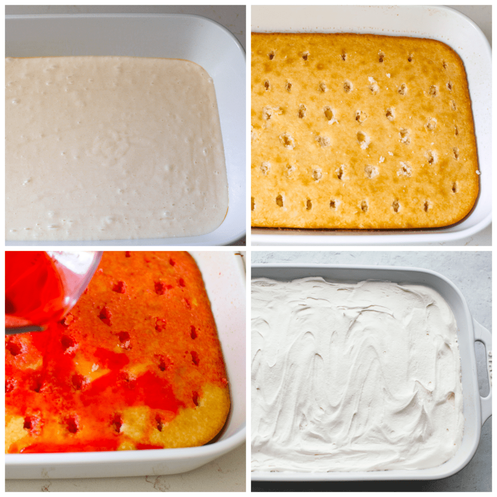 Incredibly light and tasty, this strawberry poke cake will be the star of any gathering! It's airy, soft, and brings that fresh strawberry taste into every single bite! 4 pictures showing how to make the cake, add the jello and then spread on the topping.