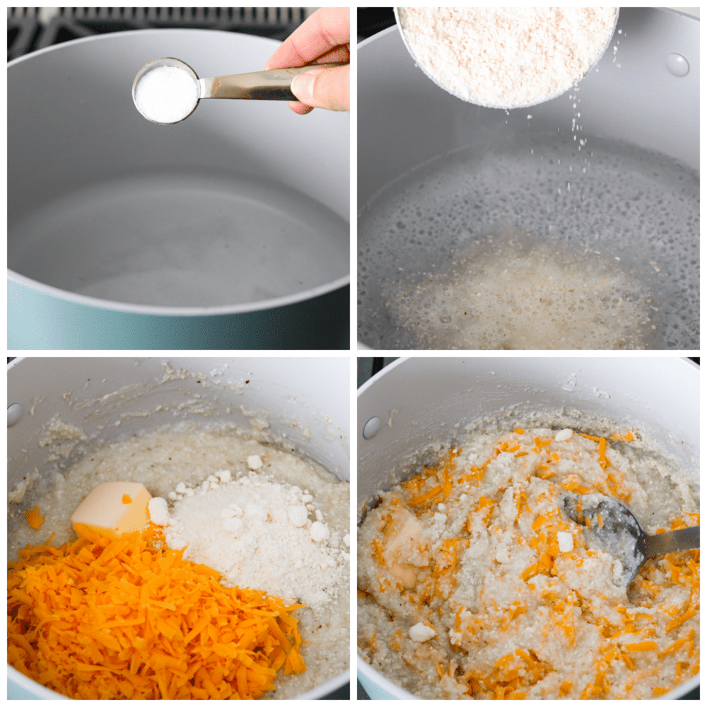Creamy, cheesy, and comforting grits are a classic Southern dish. Slow-cooked cornmeal creates a deliciously smooth texture with a rich cheesy flavor. First process photo of a large pot with water and salt being added. Second photo is grits being added to a pot of boiling water. Third photo is butter, cheddar cheese, and parmesan cheese added to the pot of grits. Fourth photo is a metal spoon stirring the cheese into the grits.