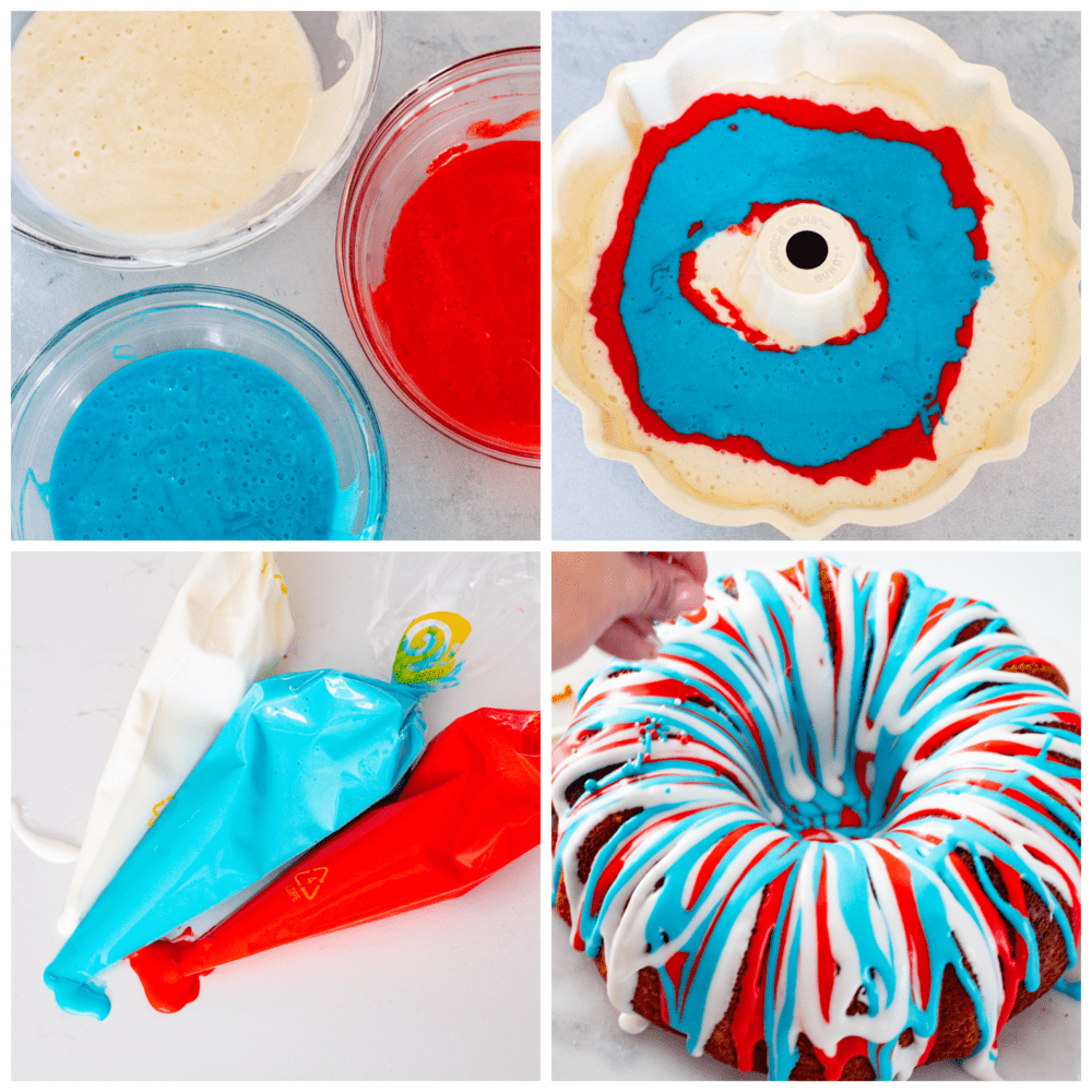This firework bundt cake is exploding with colors and flavor! It not only looks impressive but it tastes so delicious that you will definitely be making this for every Fourth of July! 4 pictures showing how to tint the batter and the frosting to be red, white and blue.