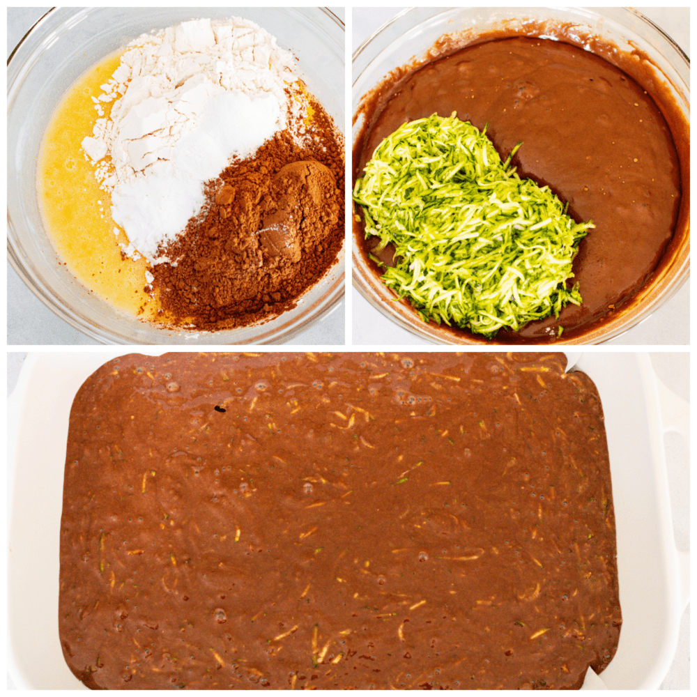 This Chocolate Zucchini Cake is a deep, dark chocolate cake that is topped with light and fluffy chocolate whipped cream! With 3 cups of zucchini, it is incredibly moist and you won't even notice all the vegetables! 3 pictures showing how to mix up cake batter and put it into a pan.