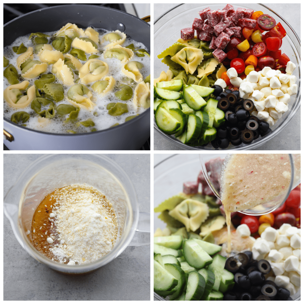 Easy Italian tortellini pasta salad is full of fresh summer veggies, salami, and tortellini pasta. It is tossed in a zesty Italian dressing and is always the hit of the potluck! 4 process pictures showing how to cook the pasta, combine the veggies, make the dressing and put the dressing on top of the salad.