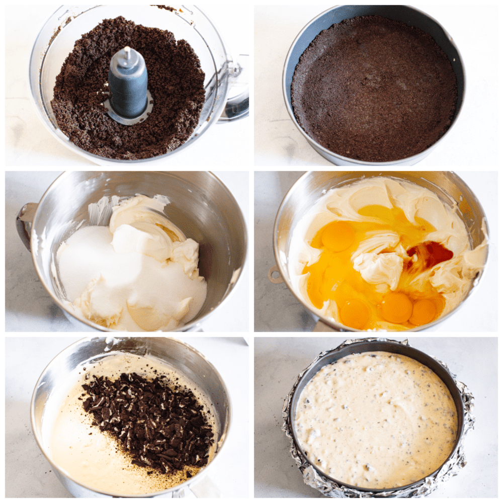 Let your teeth sink into the most delectable, creamy oreo cheesecake that you have ever had! Silky and smooth with the perfect bite-sized oreo bits in every single slice, you won't be able to stop raving about this cheesecake! 6 pictures showing how to make the crust and filling and put it into a prepared pan, ready to be baked.